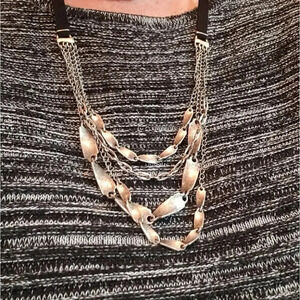 Elegant Triple-Layer Silver Chain Necklace Black Ribbon‎ Strap Statement Jewelry